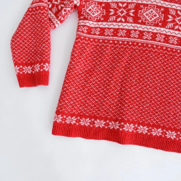 Vintage 90's Cherokee Red  & Cream Snowflake 30% Wool Knit V-Neck Sweater L - Picture 6 of 12